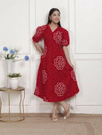 Miravan Womens Red Bandhani Printed Collar Neck Maxi Dress | Grocsy
