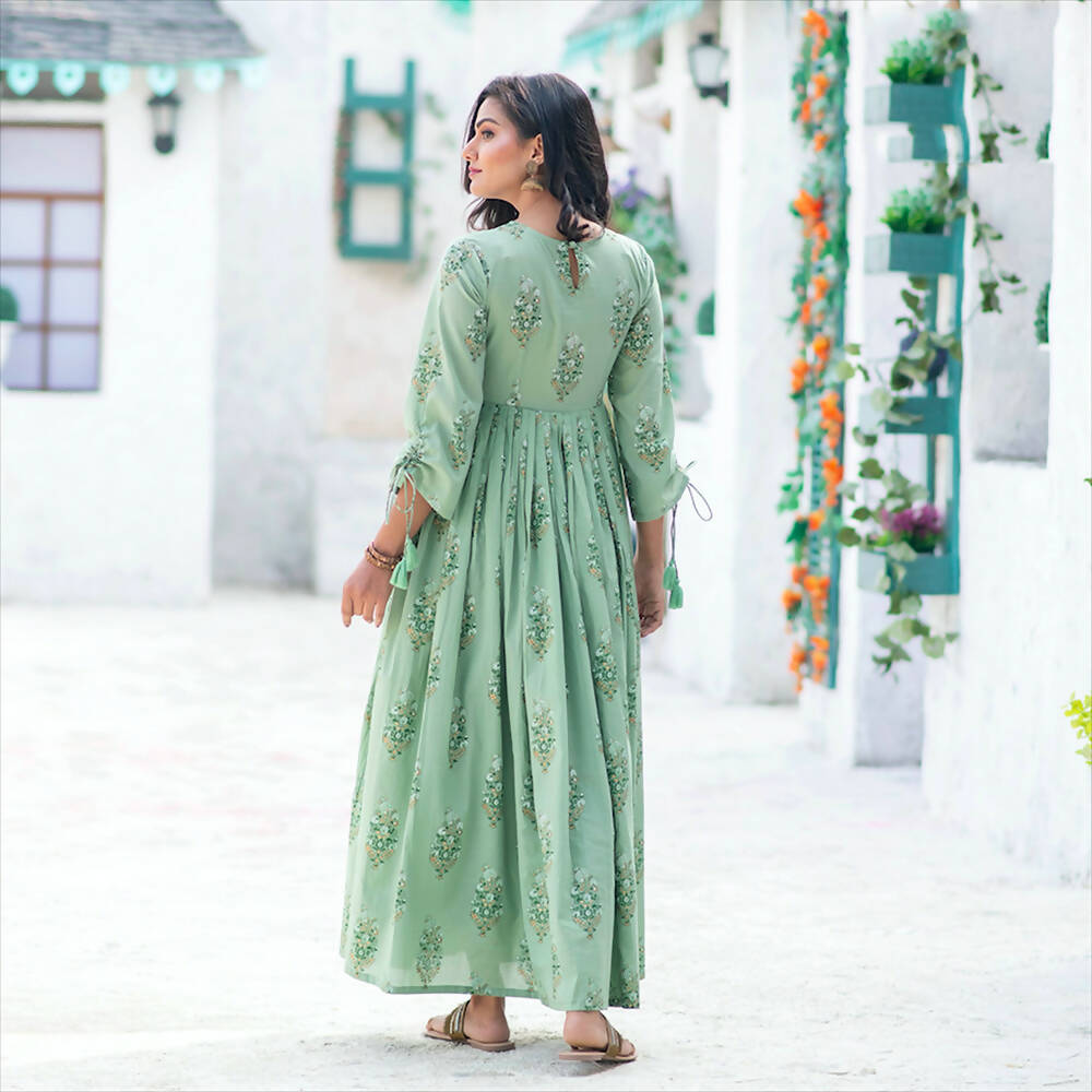 Partywear Designer Digital Printed Moss Green Pure Maslin Gown - Anbazaar | Grocsy