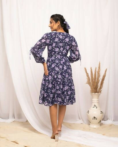 FIORRA Women's Blue Georgette Floral Printed Western Dress | Grocsy