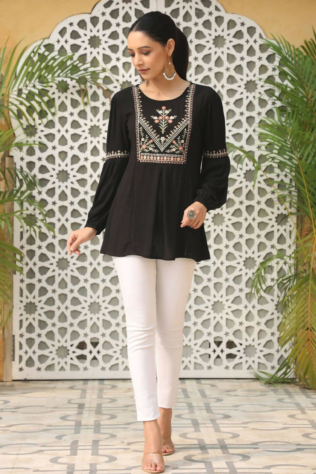 Juniper Women's Black Rayon Crepe Solid With Embroidery Straight Tunic | Grocsy