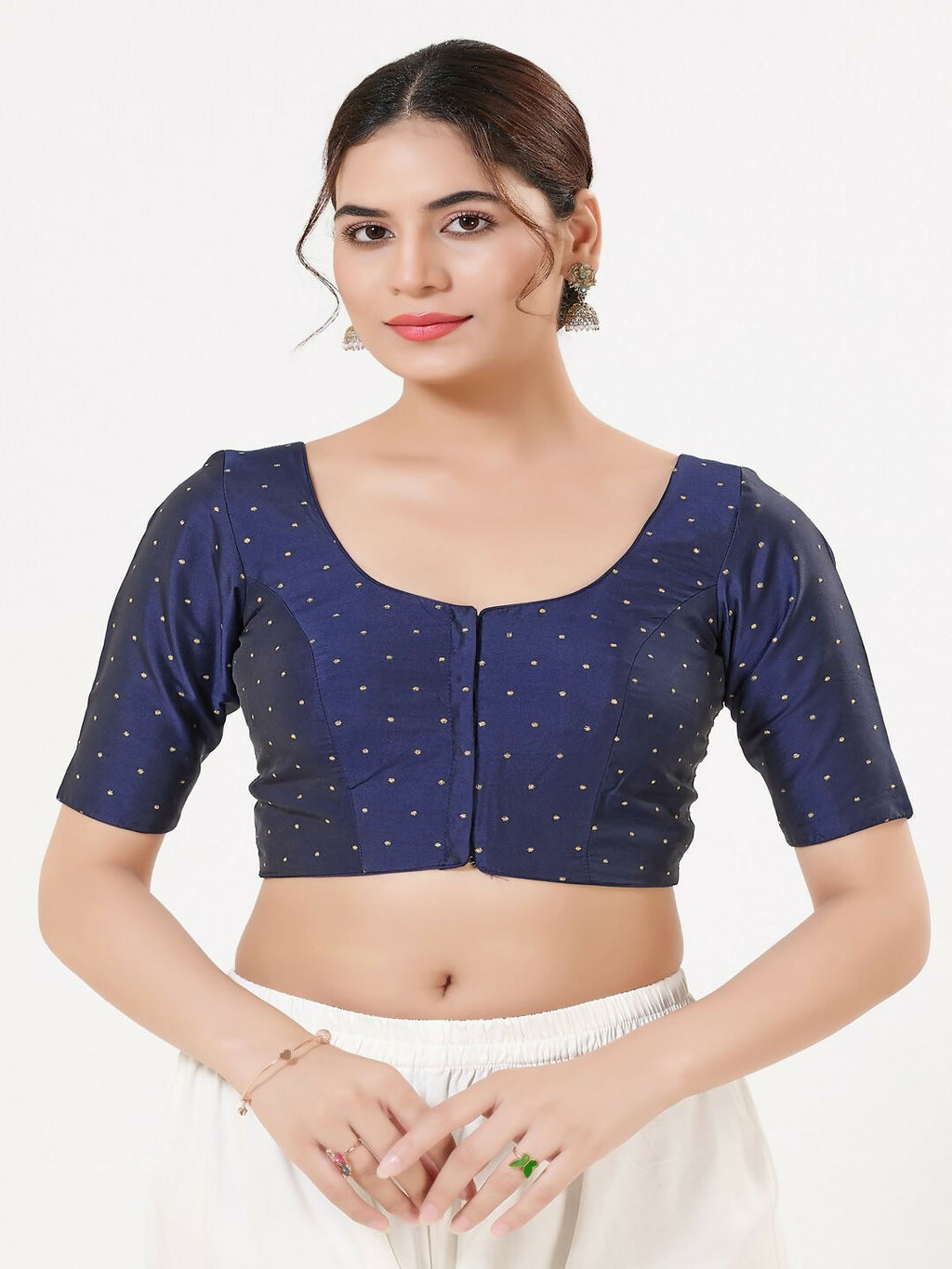 Joban Fashion Navy-Blue Taffeta Silk Elbow Sleeveless Front Open Blouse | Grocsy