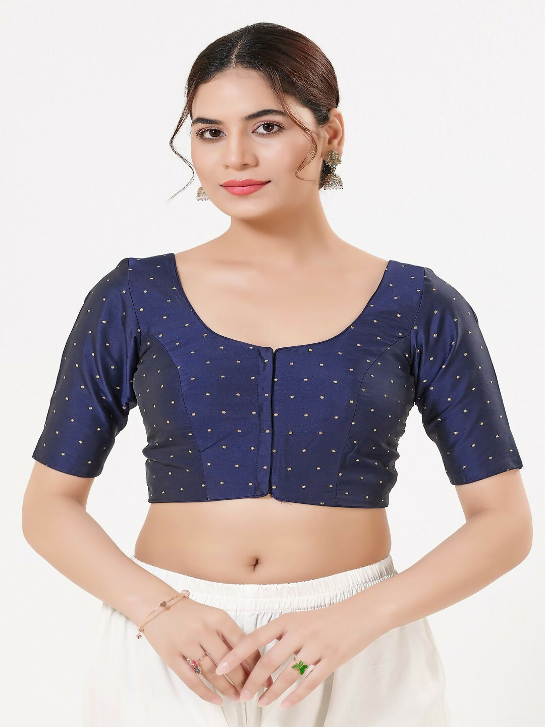 Joban Fashion Navy-Blue Taffeta Silk Elbow Sleeveless Front Open Blouse | Grocsy