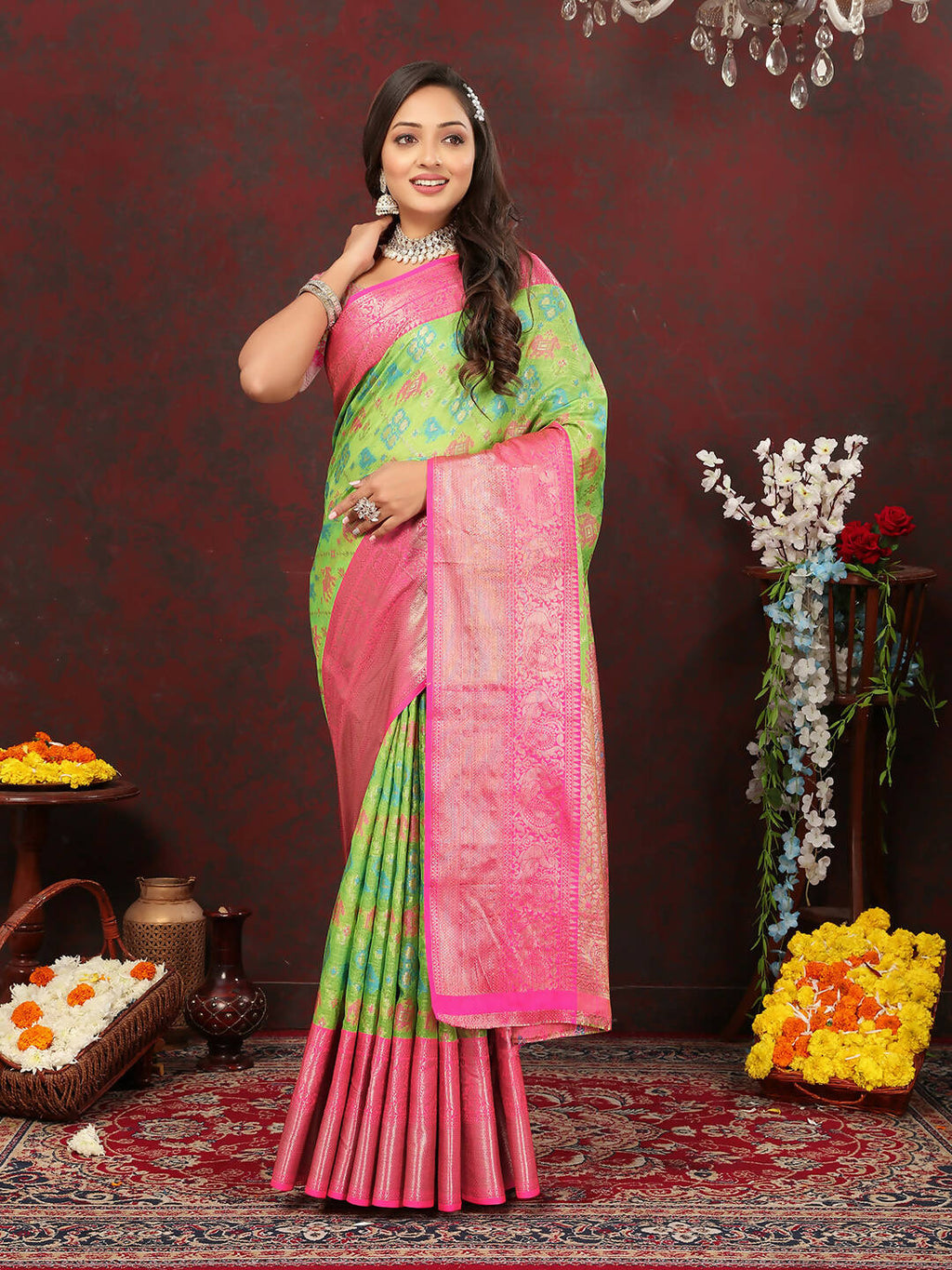 Lorenvalley Fashion Green Cotton Woven Design Zari Meenakari Weaving Saree | Grocsy