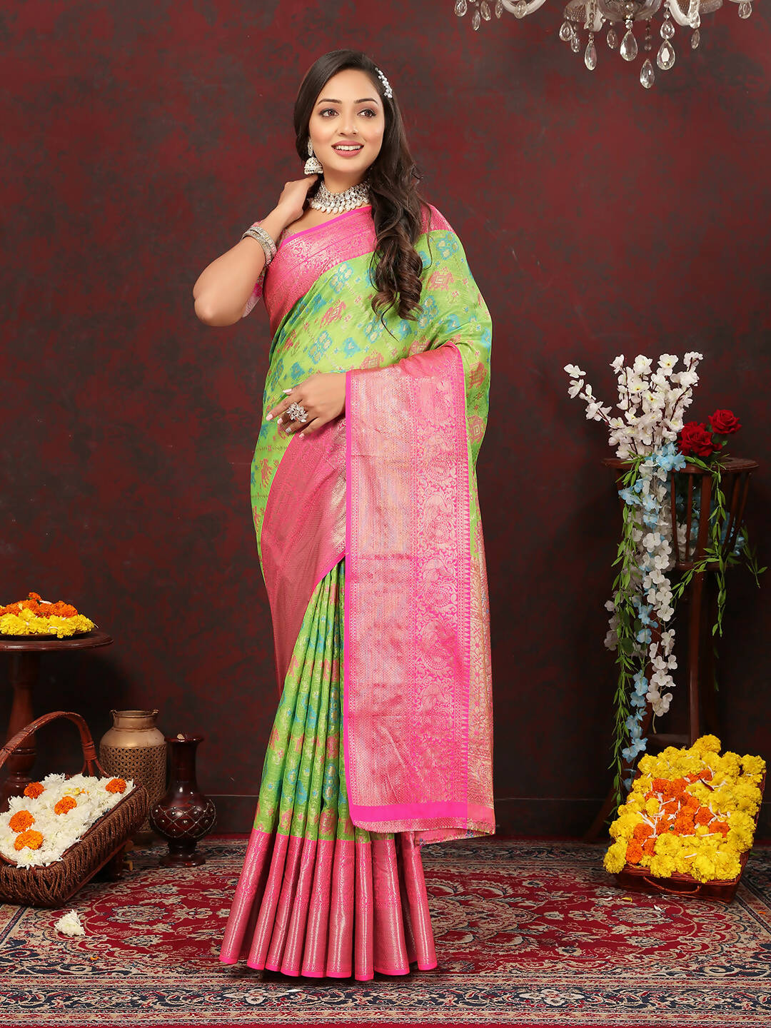 Lorenvalley Fashion Green Cotton Woven Design Zari Meenakari Weaving Saree | Grocsy