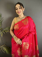 Joban Fashion Crimson Red Motifs Zari Weaving Soft Silk Banarasi Saree | Grocsy