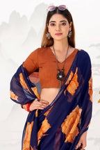 Vastranavya Navy Blue Floral Print with Lace Border work Chiffon Saree & Unstitched Blouse | Grocsy
