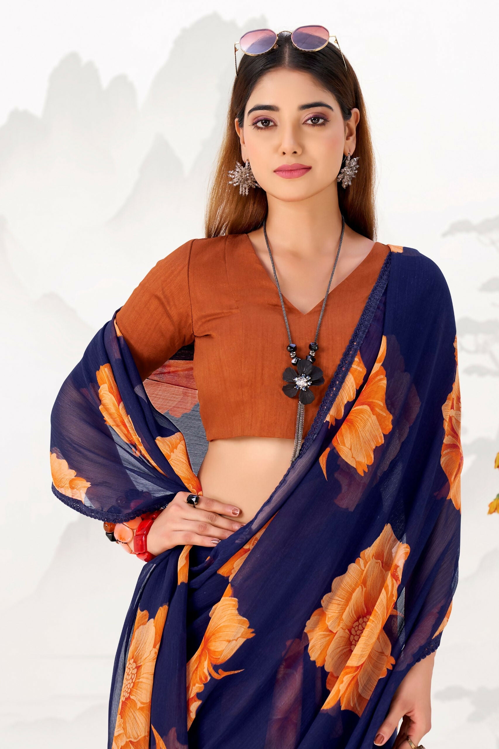 Vastranavya Navy Blue Floral Print with Lace Border work Chiffon Saree & Unstitched Blouse | Grocsy
