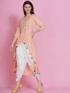 Women Republic Peach Rayon Embroidered Kurta With Mirror Work And Tulip Pants | Grocsy