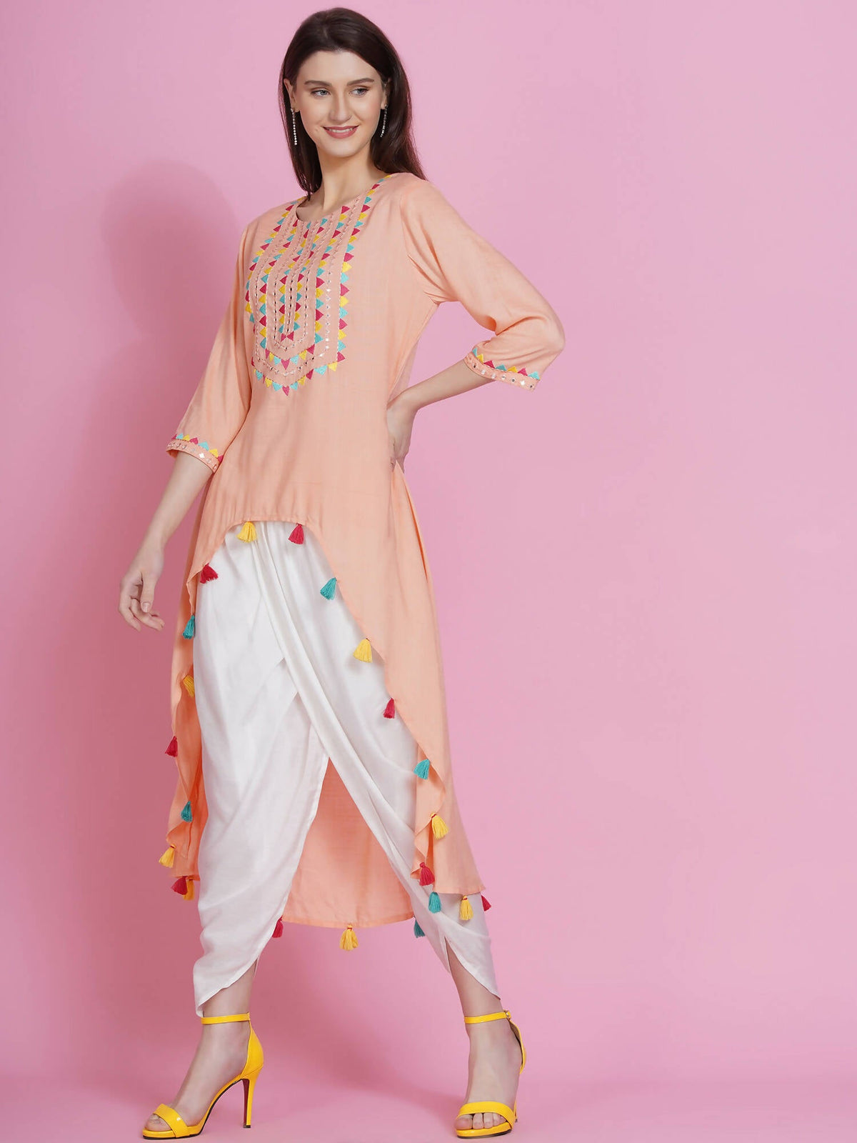 Women Republic Peach Rayon Embroidered Kurta With Mirror Work And Tulip Pants | Grocsy