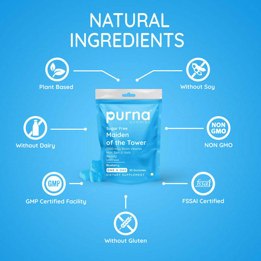 Purna Gummies Hair Biotin Blueberry Sugar Free Gummies with Vitamin B12 for Hair & Nails | Grocsy