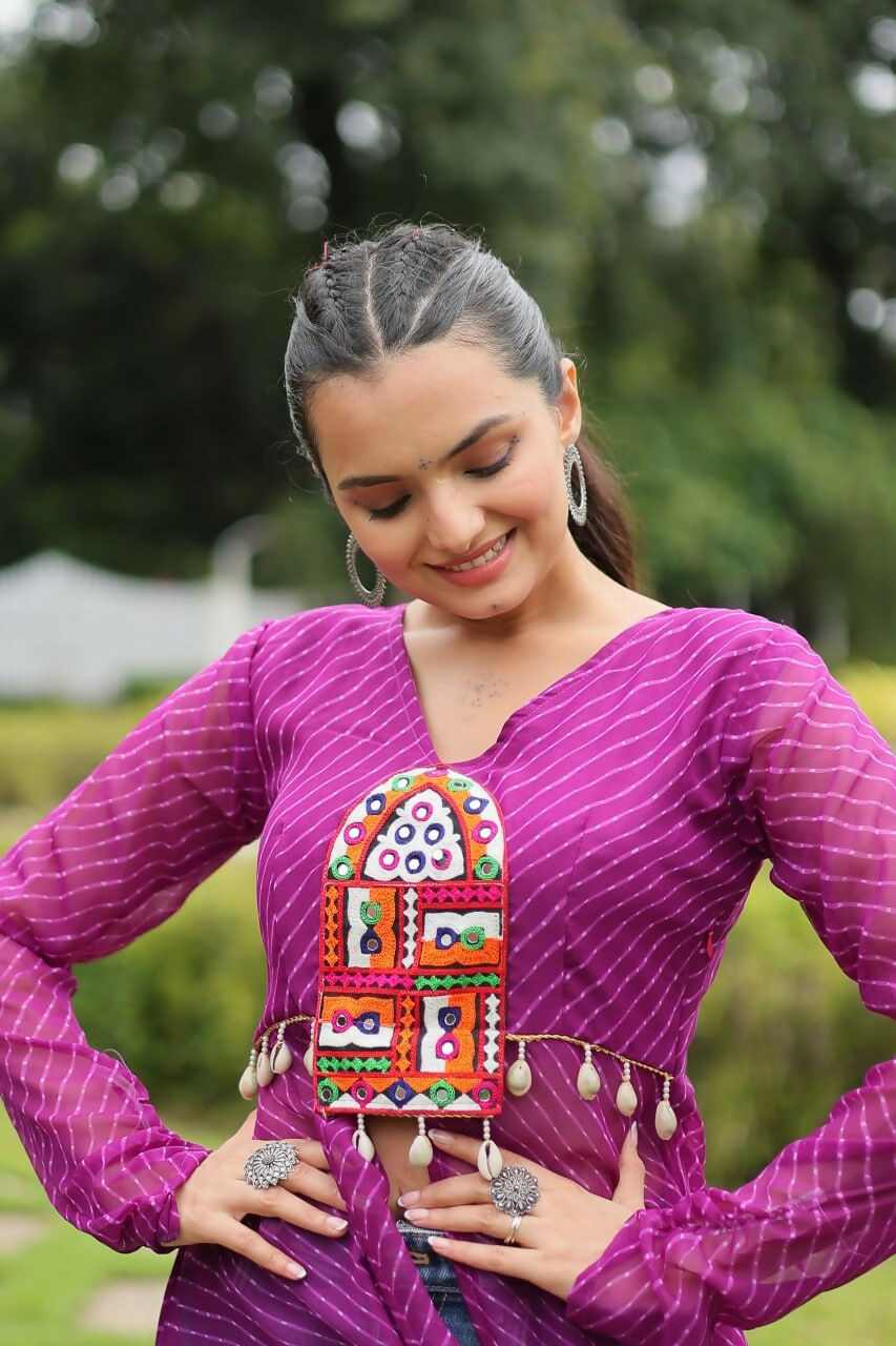 Vastranavya Purple Navratri Special Kutchi Patch Work with Leheriya Printed Kurti | Grocsy