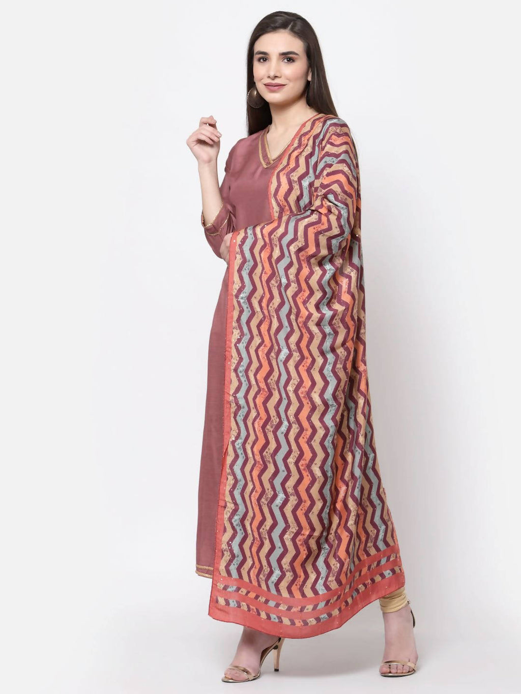 Myshka Women's Dark Pink Cotton Solid 3/4 Sleeve V Neck Casual Anarkali Kurta Dupatta Set | Grocsy