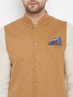 Even Apparels Brown Polyester Men's Nehru Jacket-Contrast Lining-Inbuilt Pocket Square | Grocsy
