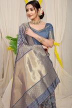 Jyoti Fashion Women's Grey Kanjivaram Silk Zari Woven Saree with Blouse | Grocsy