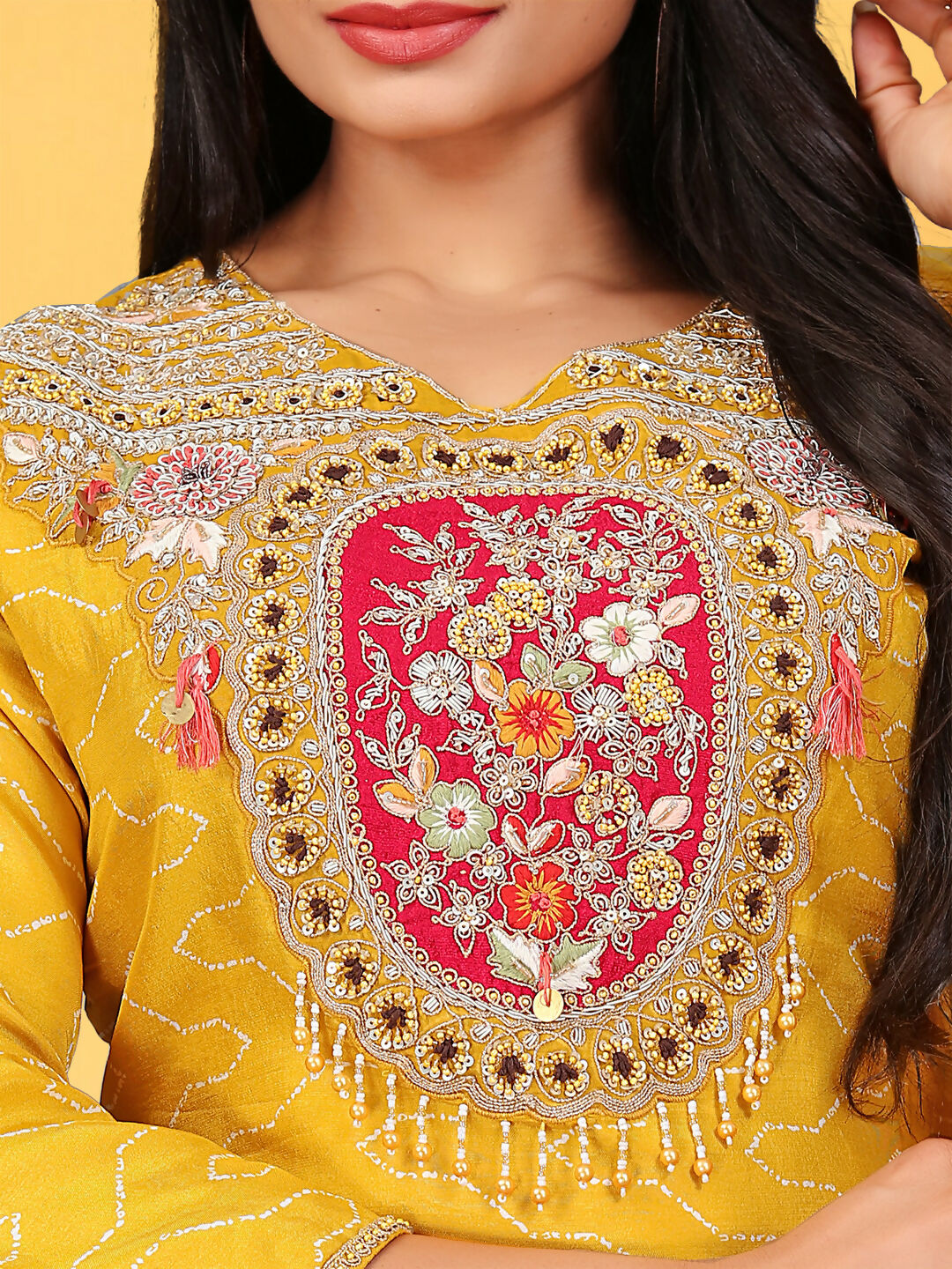 Joban Fashion Mustard Cotton Premium Pure Viscose Print Dola With Handwork Kurta set | Grocsy
