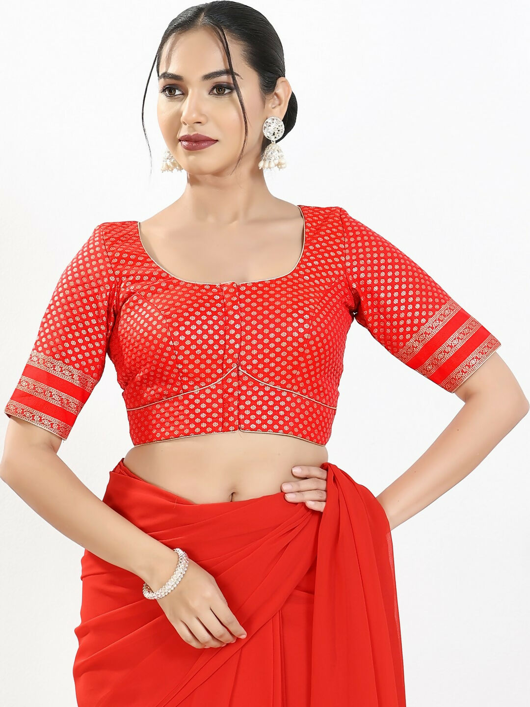 Joban Fashion Red Brocade Padded Blouse With Round Neck Elbow Sleeves | Grocsy