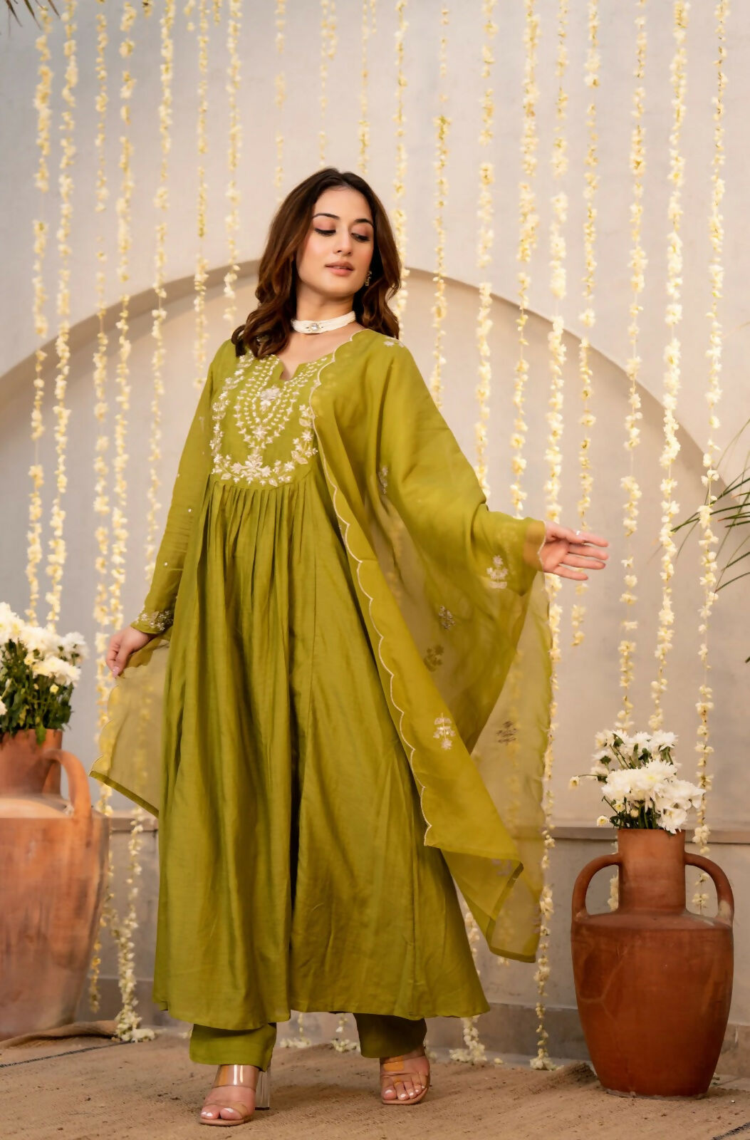 The52 Women's Beautiful Embroidery Work Chanderi Silk Fabric Flared Kurta Pant and Dupatta Set-Light Green | Grocsy
