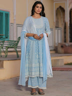 Juniper Women's Powerblue Cambric Floral Printed Anarkali Kurta Sets | Grocsy