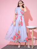 Myshka Women's Grey Floral Printed Empire Dress | Grocsy