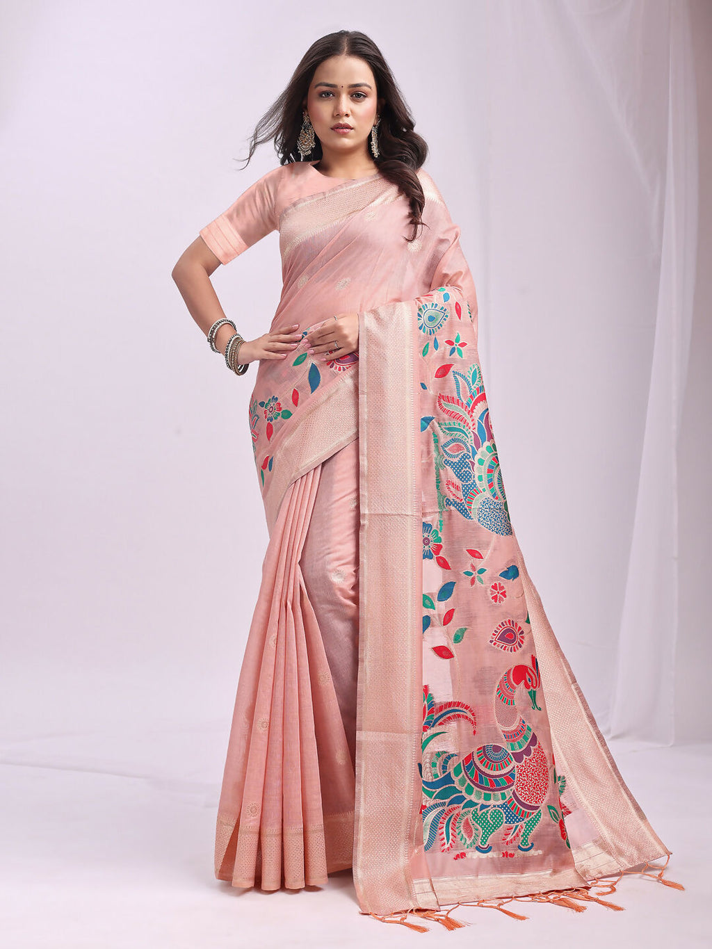 Shree Shyam Fashion Linen Cotton Peach Saree | Grocsy