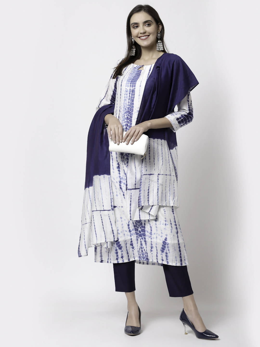 Myshka Women White Viscose Printed 3/4 Sleeve Round Neck Kurta Pant Dupatta Set | Grocsy