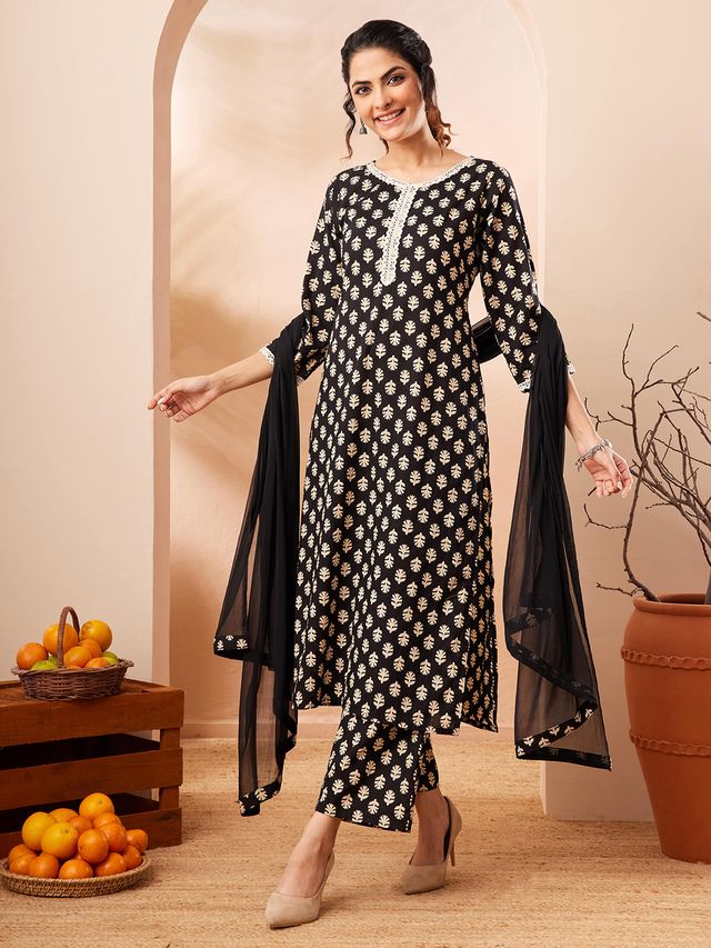 Janasya Black Straight Cotton Kurta,Bottom & Dupatta | Grocsy