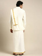 Ramraj Cotton Premium Wedding Cream Regular Dhoti, Shirt & Towel Set Golden Reward | Grocsy
