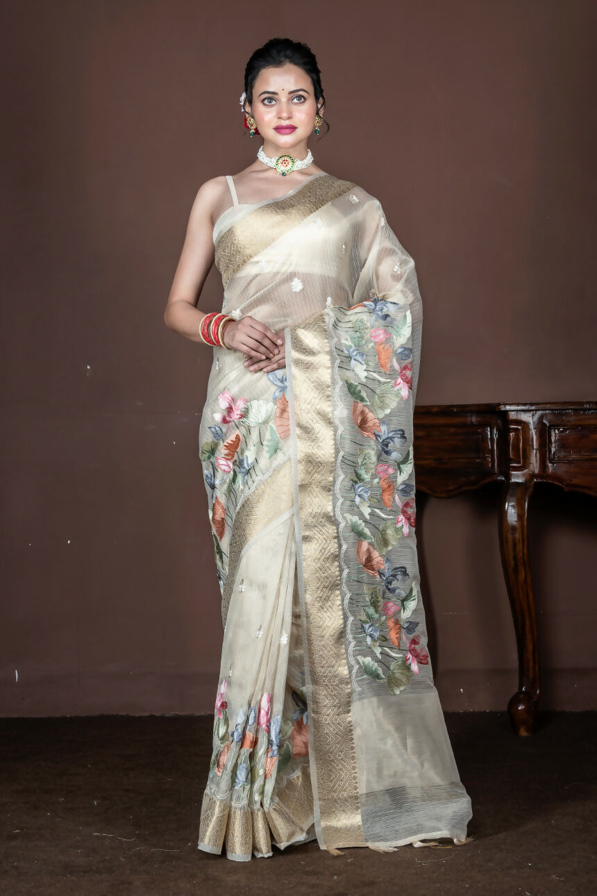 Morchari Beige Banarasi Tissue Computer Embroidery Saree Unstitched Blouse | Grocsy