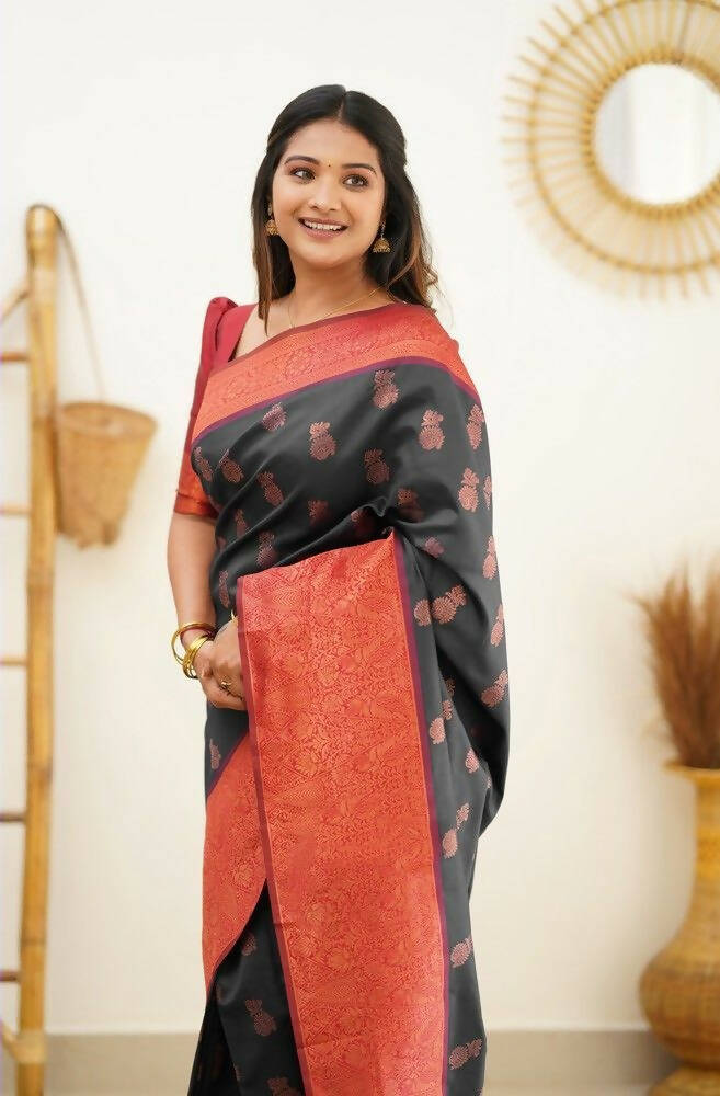 DEIANA'S Beautiful Designer Golden zari Soft Lichi Silk Saree - Black | Grocsy