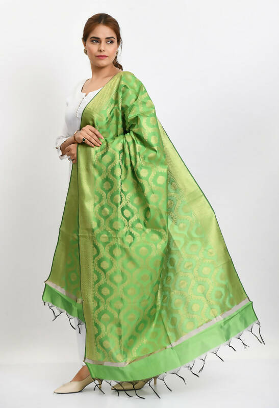 Mominos Fashion Moeza Women's Banarsi Silk All Over Woven Design Parrot Green Dupatta | Grocsy