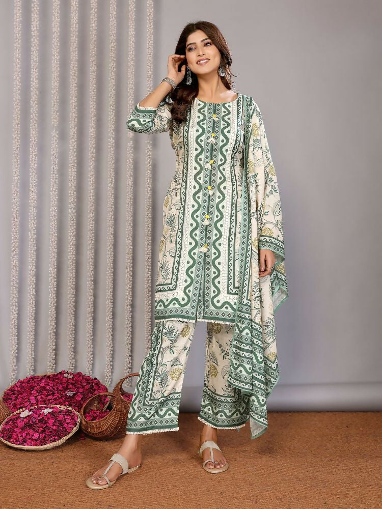 Joban Fashion Women Off White & Forest Green Linen Printed Stitched Kurta Set | Grocsy