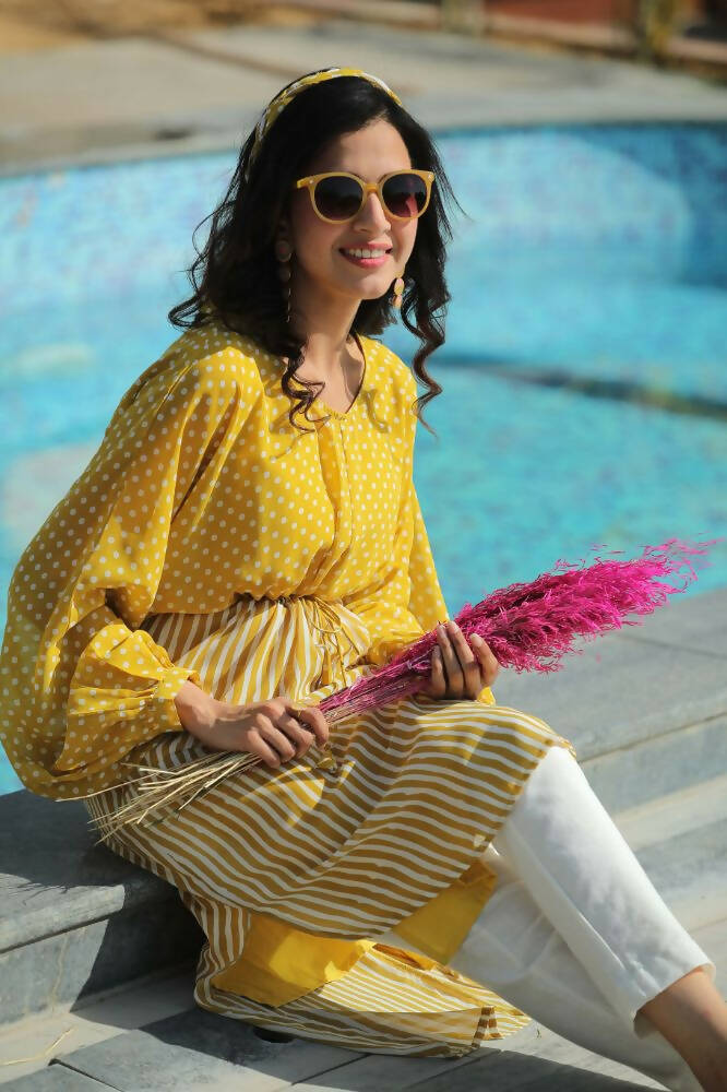 Juniper Women Mustard Georgette Bandhani High-Low Tunic | Grocsy