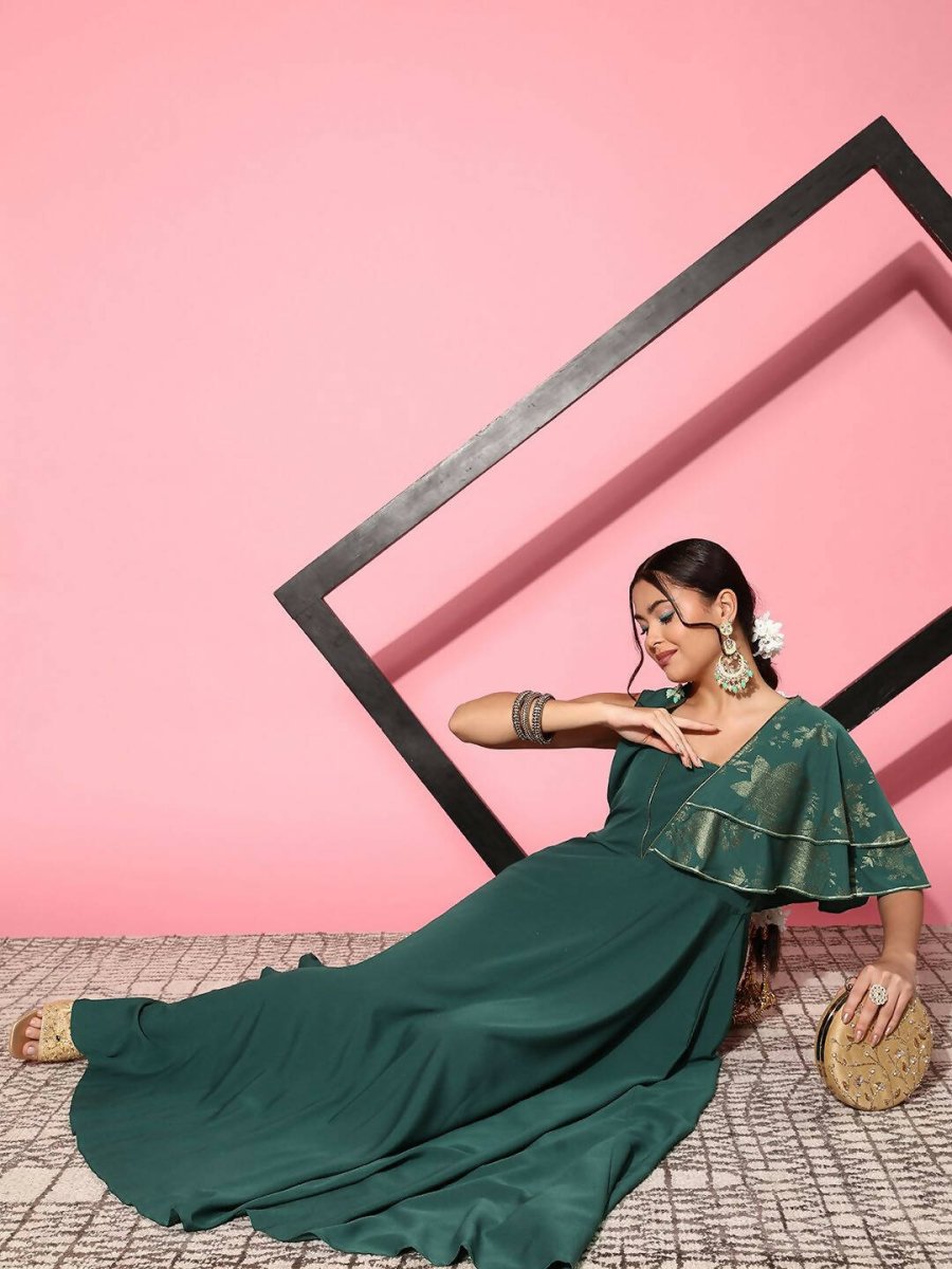 Ahalyaa Gorgeous Green Ethnic Motifs Ruffled Dress | Grocsy