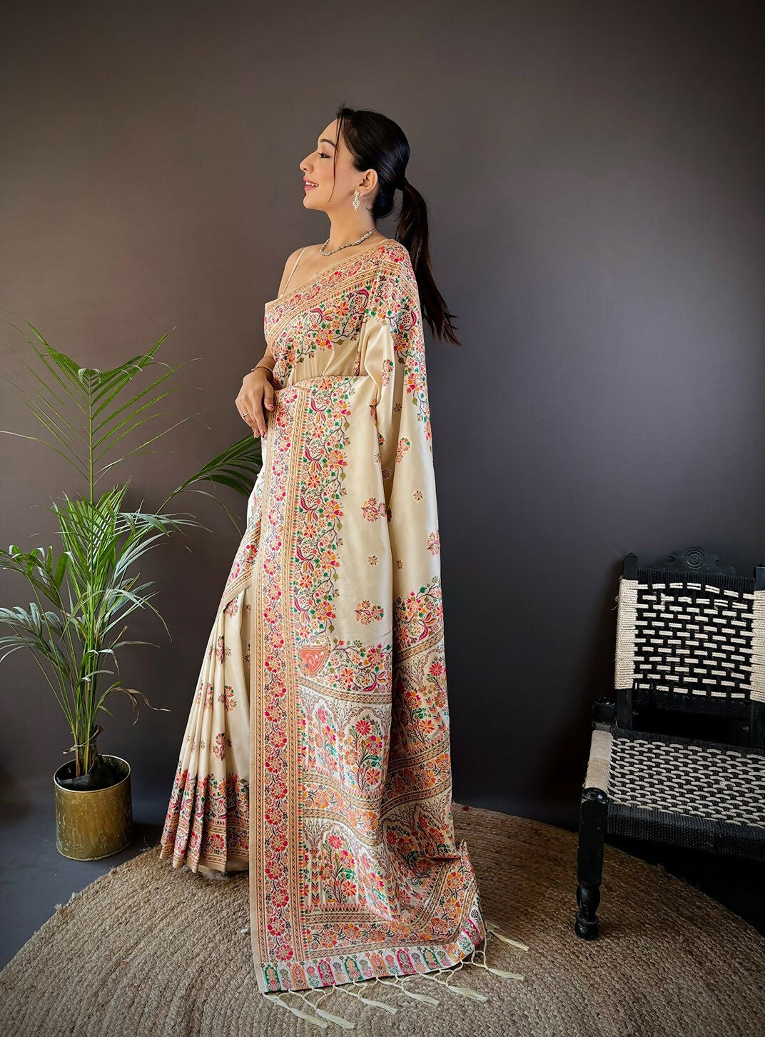Joban Fashion White Meena Weaves Pashmina Sarees | Grocsy