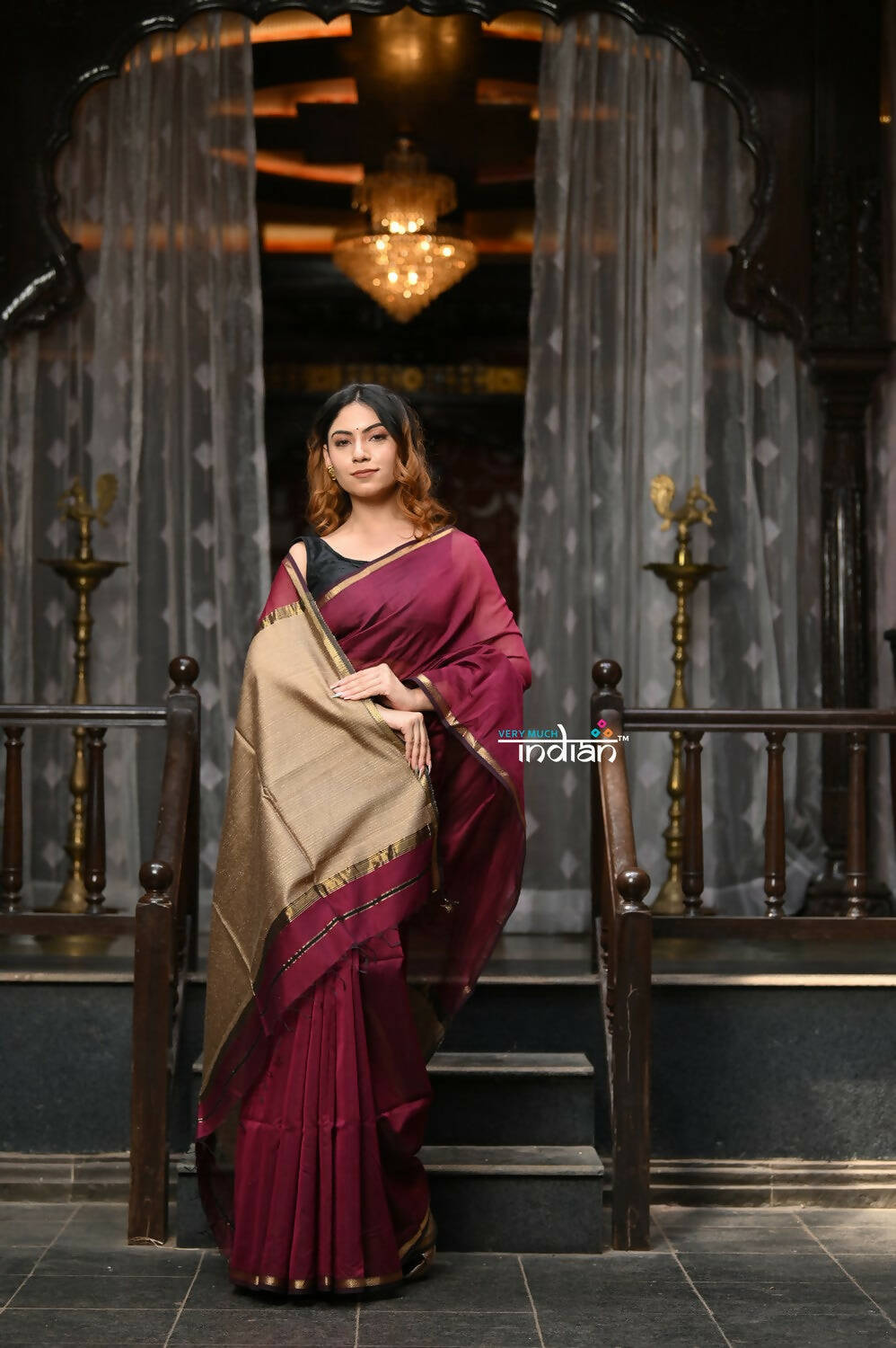 Very Much Indian VMI Exclusive Designer! Handloom Cotton Silk Saree With Sleek Golden Border - Maroon Shade | Grocsy