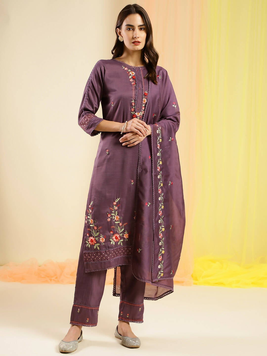 Purple Chinon Embroidered Straight Kurta with Trouser & Dupatta - Salimar | Grocsy