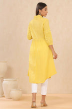 Juniper Womens Blush Yellow Cotton Slub Solid Mid Length Shirt Dress With Lace Detailing | Grocsy