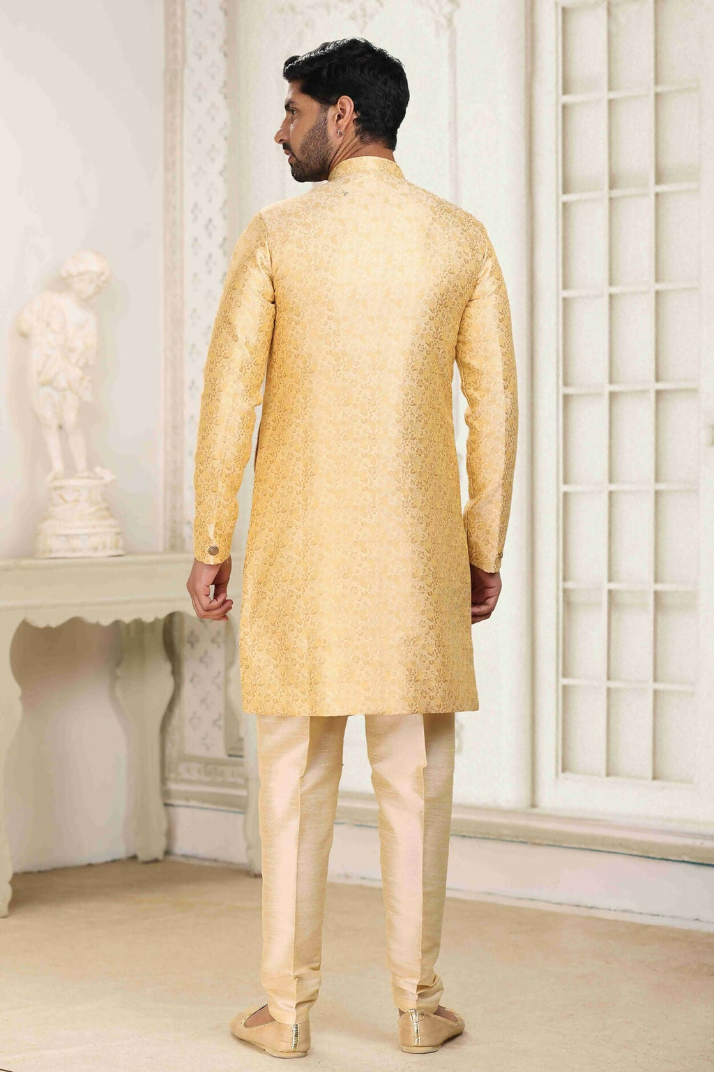 Raivat Ethnic Banarasi Jacquard Embroidery Semi Indo Western Sherwani In Cream Beige Colour | Grocsy