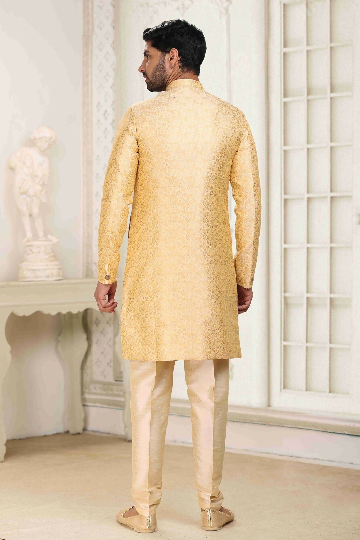 Raivat Ethnic Banarasi Jacquard Embroidery Semi Indo Western Sherwani In Cream Beige Colour | Grocsy