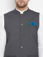 Even Apparels Men's Grey Merino Nehru Jacket-Contrast Lining-Free Pocket Square | Grocsy