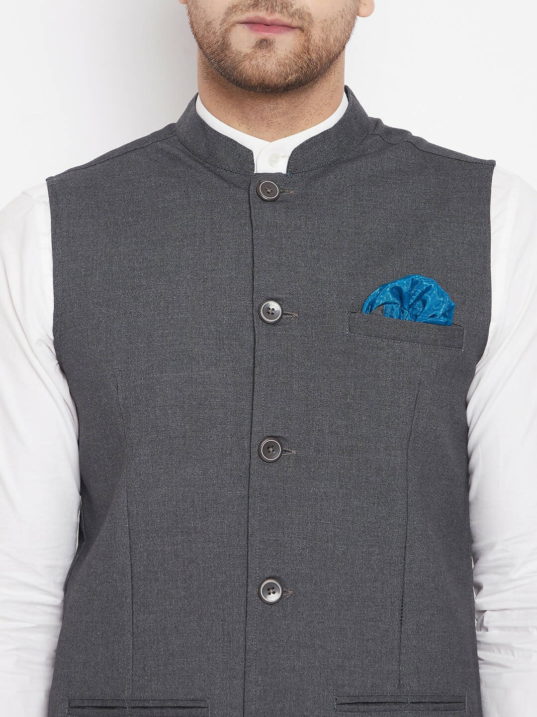 Even Apparels Men's Grey Merino Nehru Jacket-Contrast Lining-Free Pocket Square | Grocsy