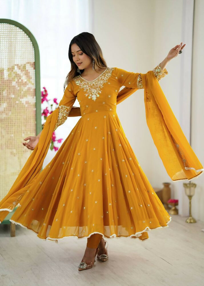 Teeya Creation Yellow Color Faux georgette Embroidery Work Wedding Wear Gown | Grocsy