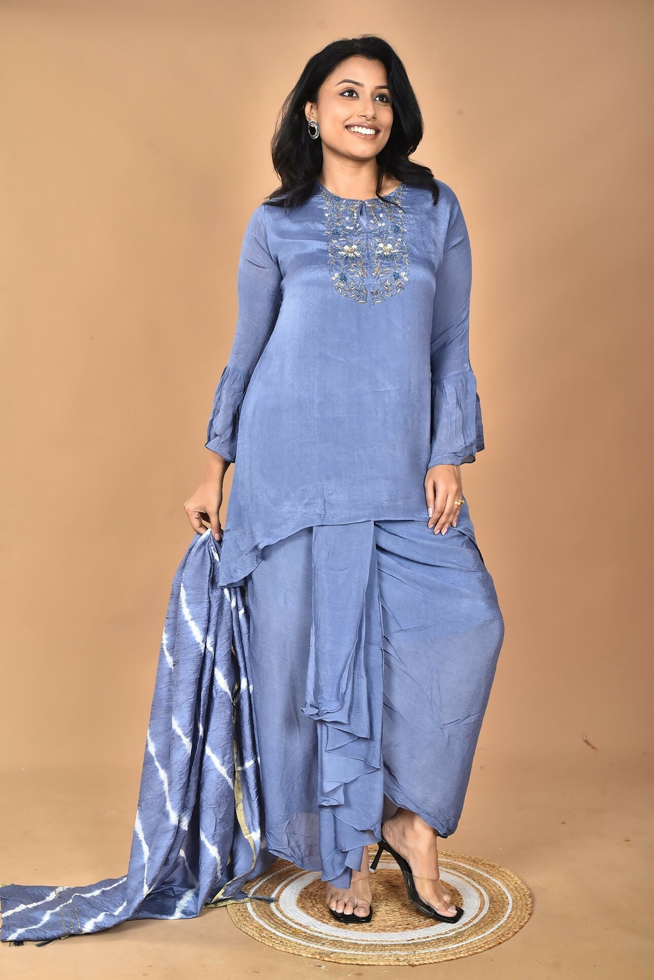 Morchari Women And Hand Embroidery Palazzo Set-Grey | Grocsy