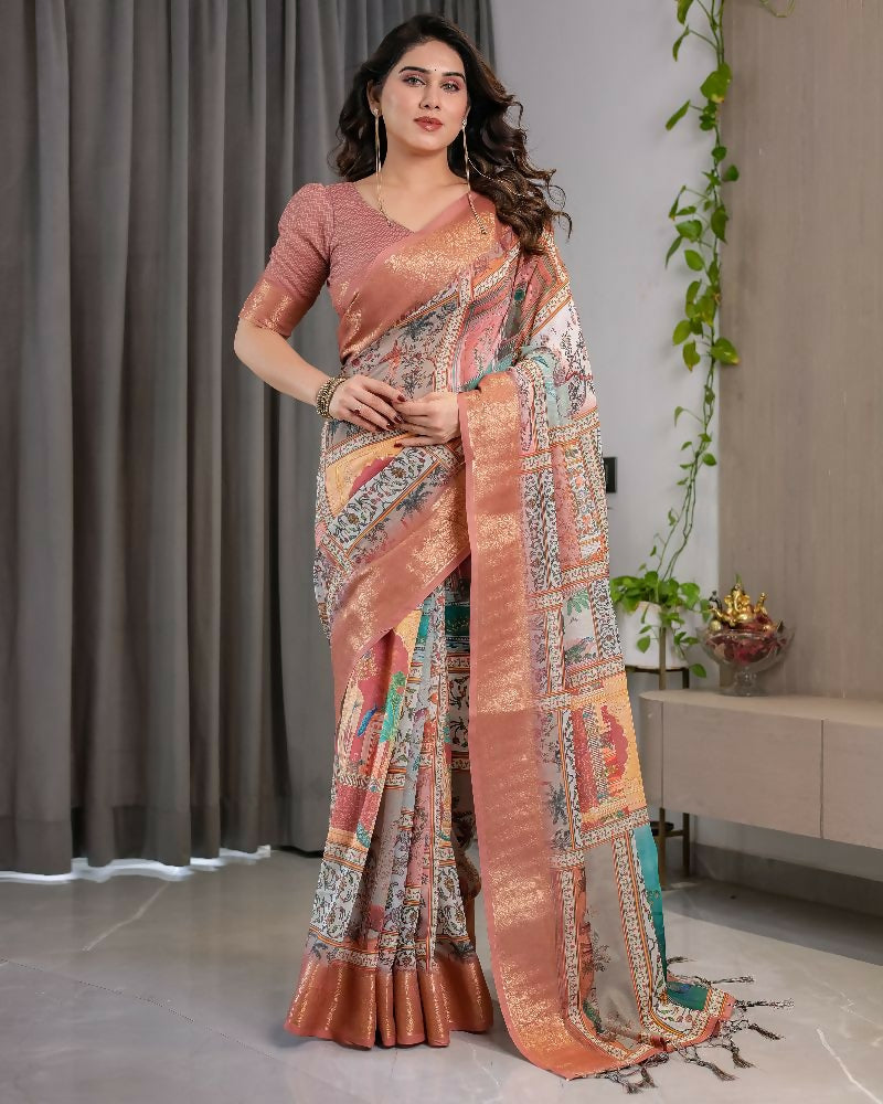 PR Fashion Peach Pure Handloom Linen Saree | Grocsy