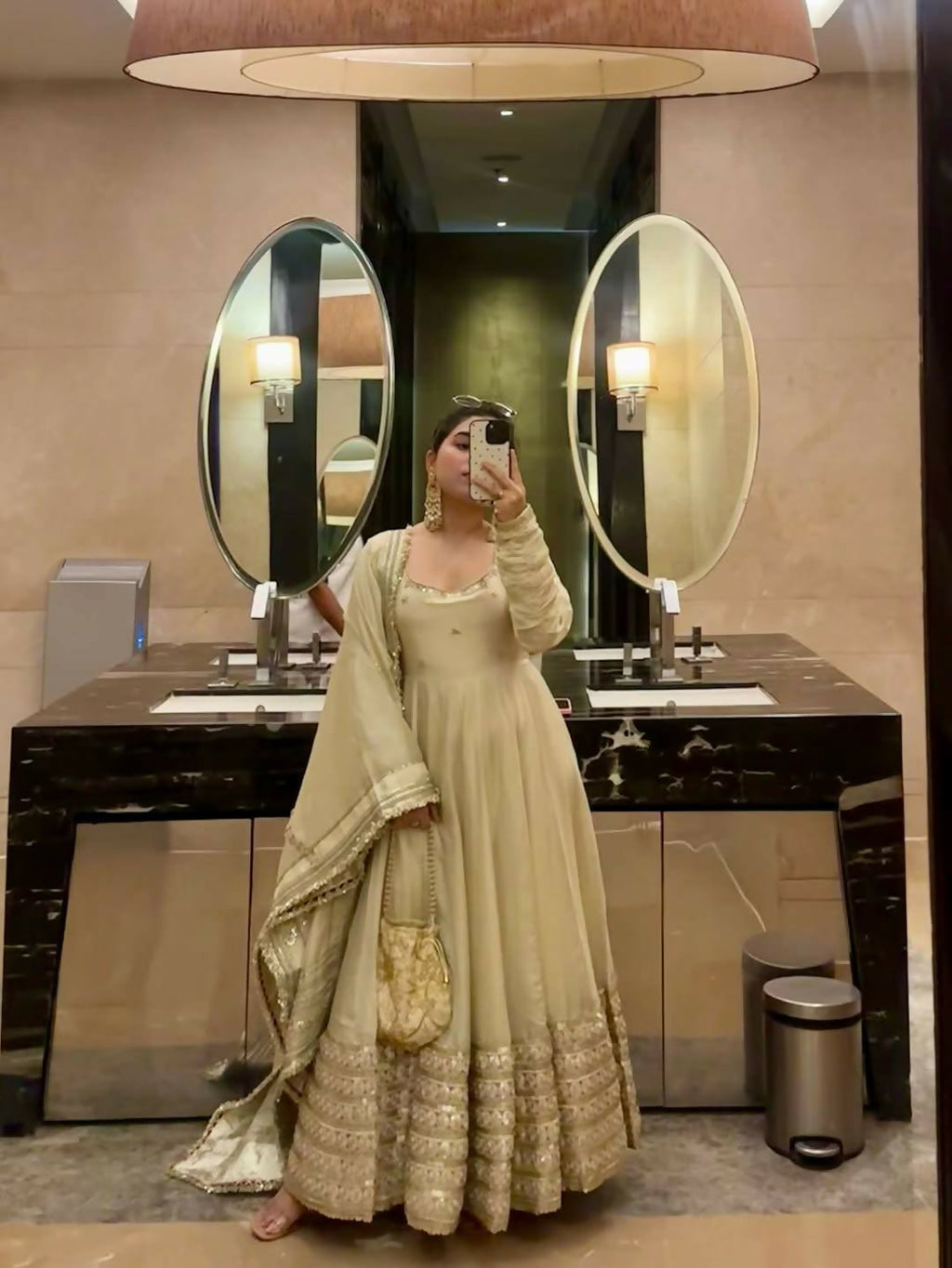 Teeya Creation Womens New Fancy Silk Heavy Quality Fabric with Handwork Cream Gown Set | Grocsy