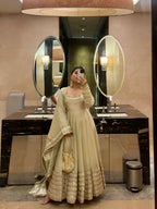 Teeya Creation Womens New Fancy Silk Heavy Quality Fabric with Handwork Cream Gown Set | Grocsy