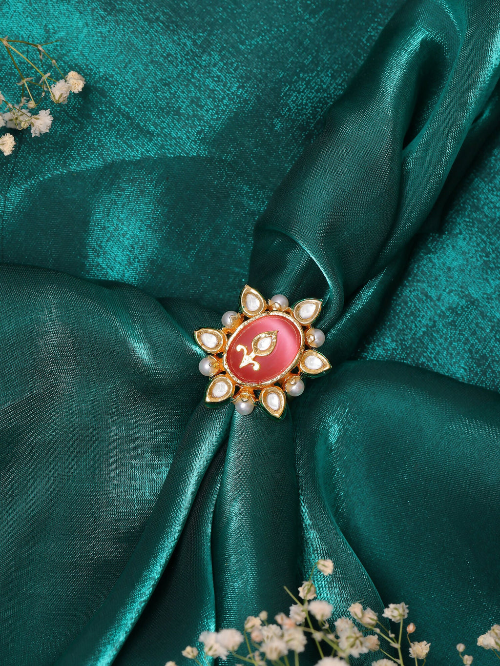 Ruby Raang Gold Polished Peach Kundan Cocktail Ring | Grocsy