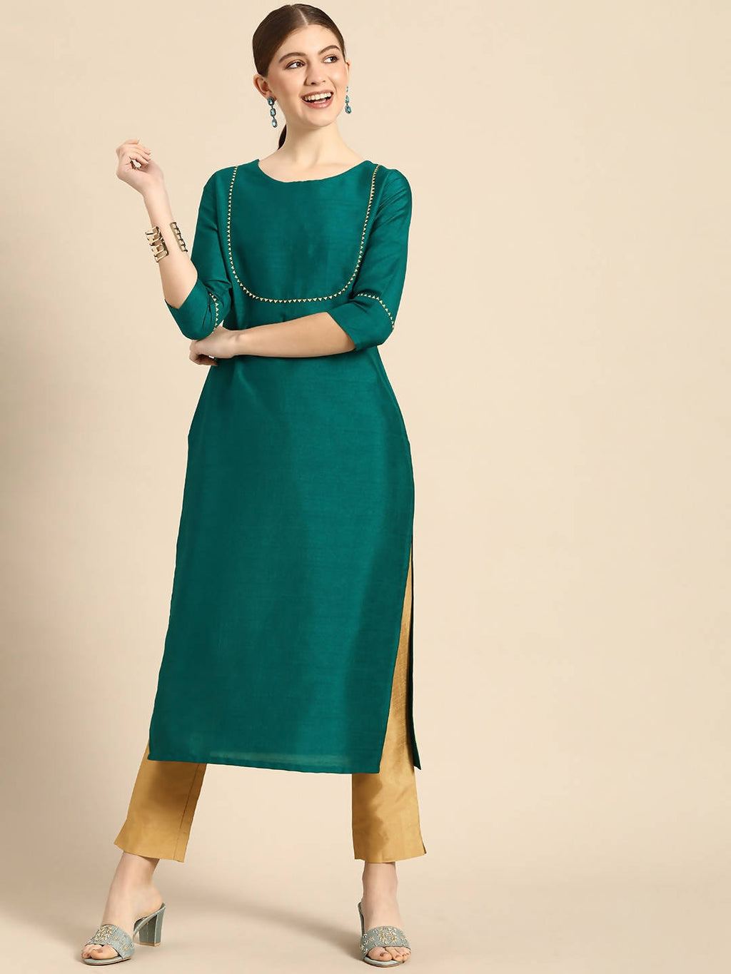 Janasya Women Green Regular Kurta with Trousers | Grocsy