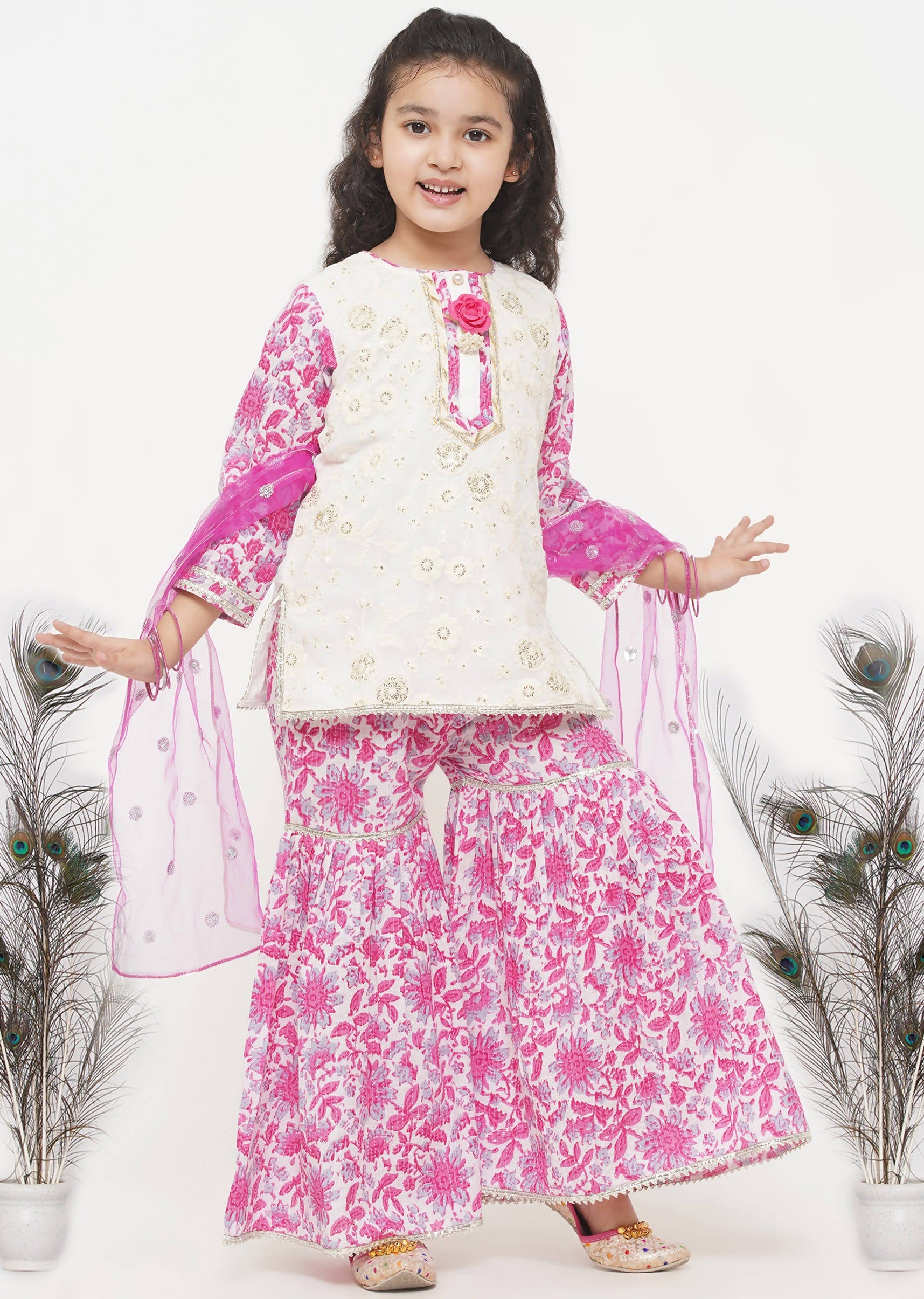 Little Bansi Girls Cotton Embroidery Kurta with Floral Sharara with Dupatta - White & Pink | Grocsy