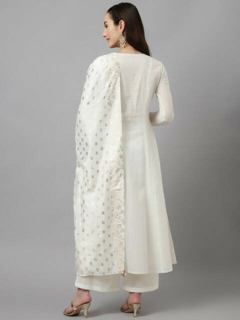 FIORRA Women's White Pure Cotton Flared Kurta Palazzo Set With Dupatta | Grocsy